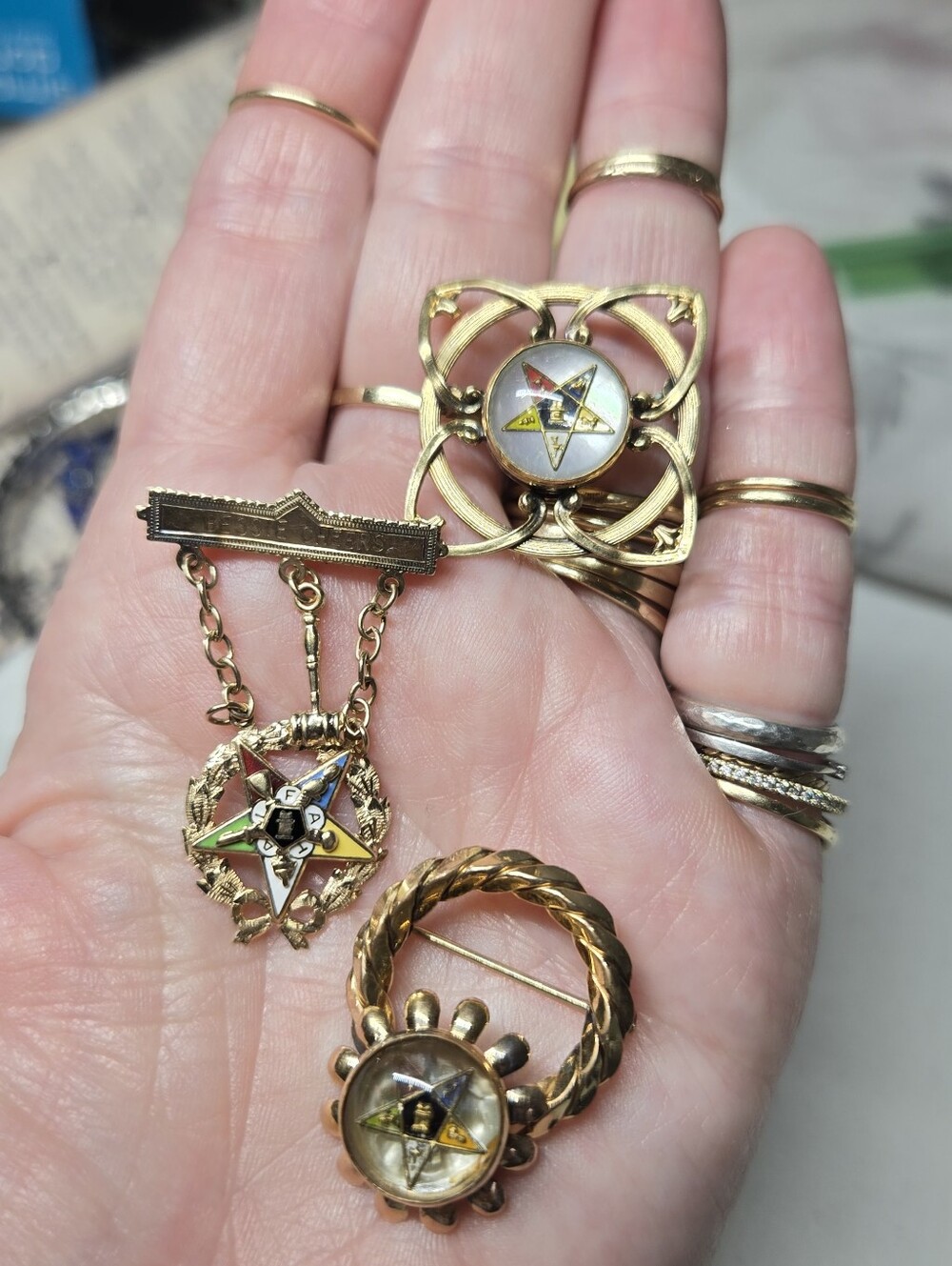 Vintage Gold Filled Eastern Star Brooches and Pin Set - White & Multicolor